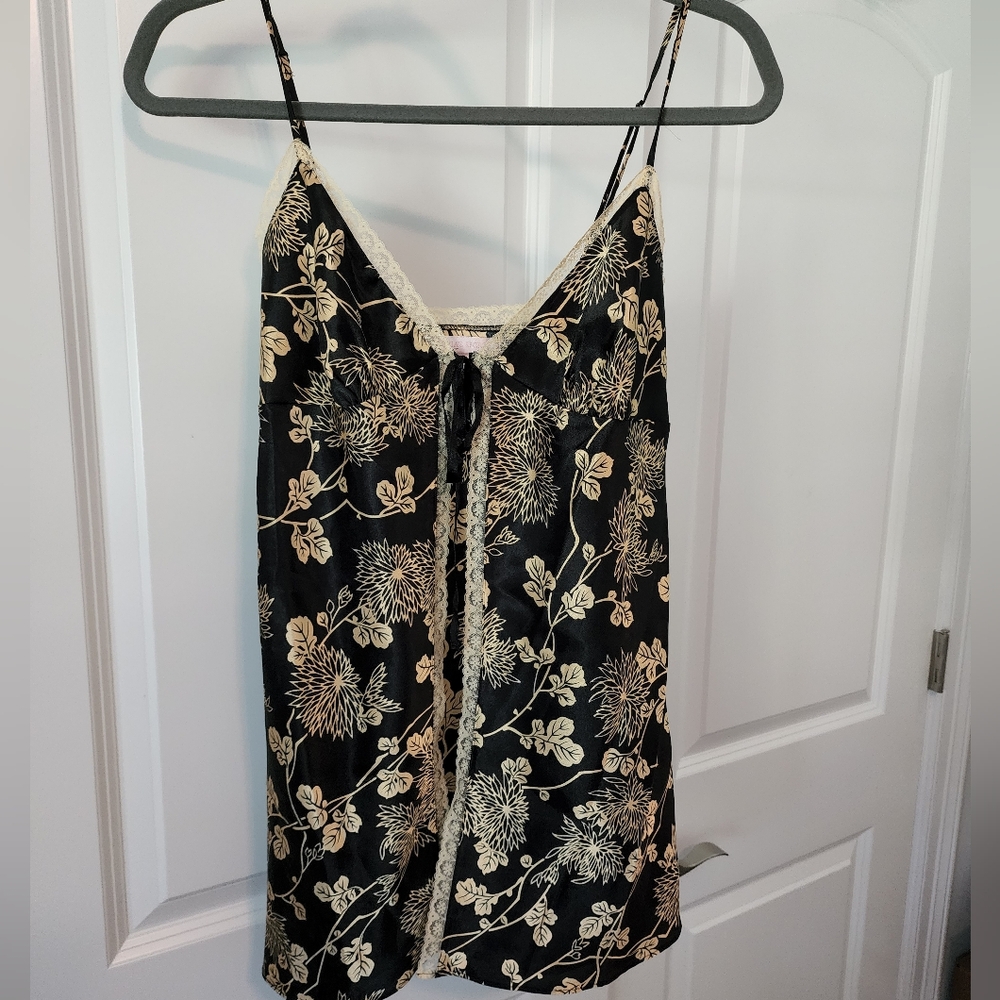 Victoria's Secret Black Satin Floral Slip with Cream Trim